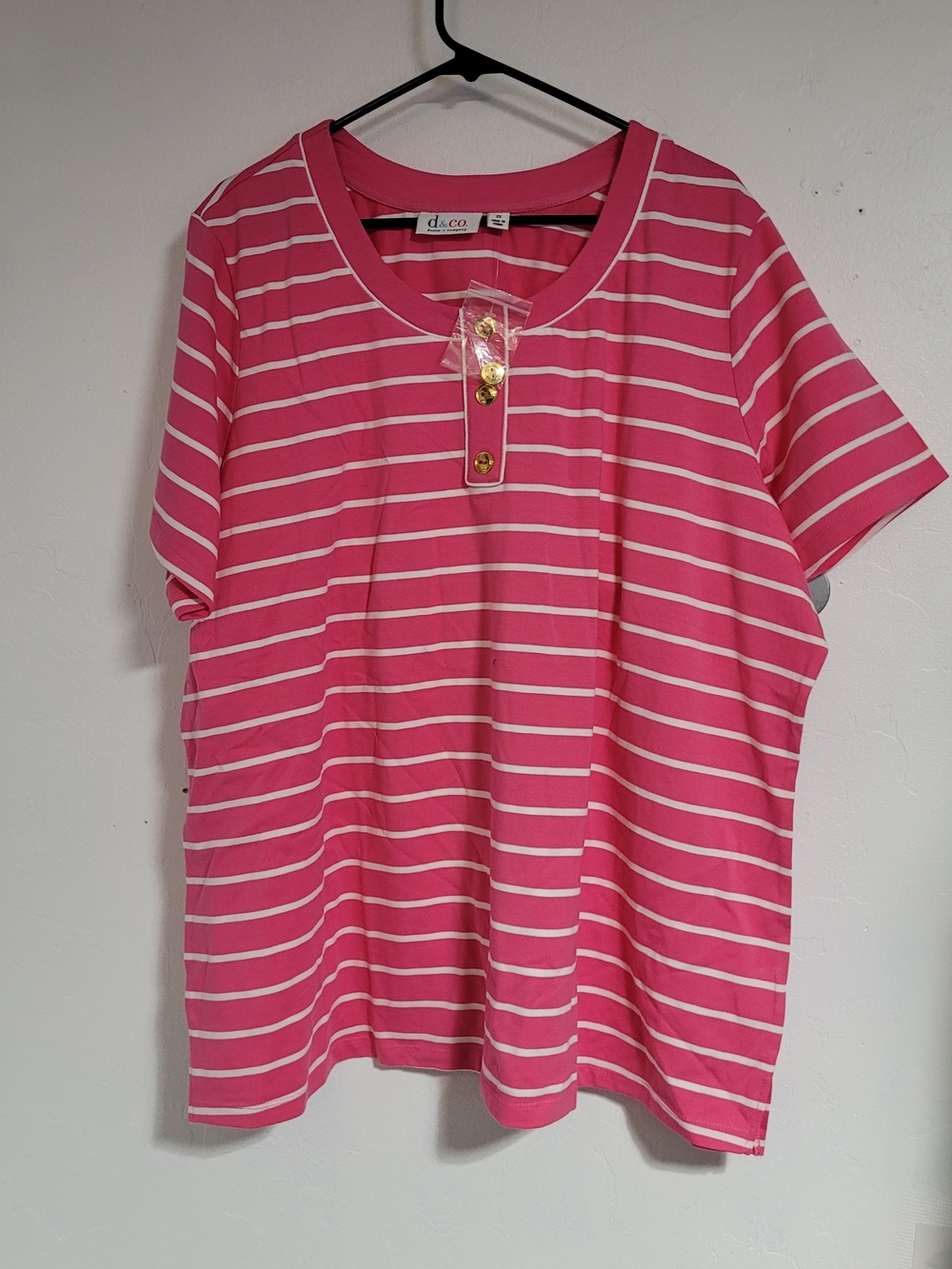 d&co Pink and White Striped Short Sleeve Henley Tee